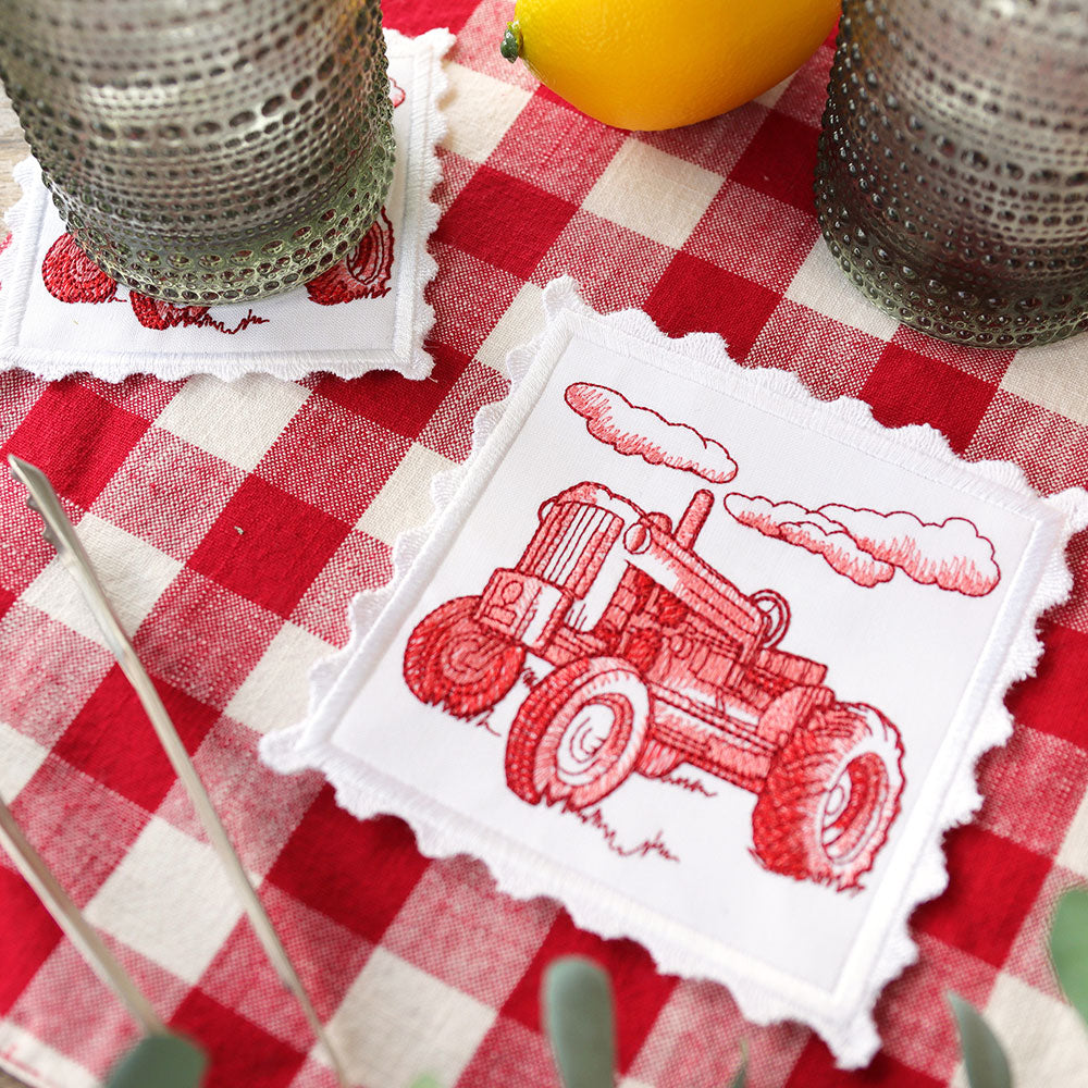 Lace Edge Americana Stamp Coaster - Tractor (In-the-Hoop)