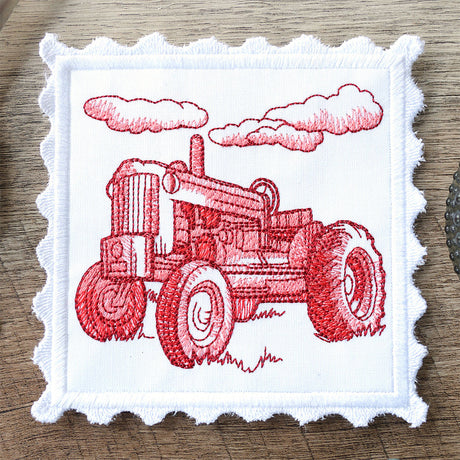 Lace Edge Americana Stamp Coaster - Tractor (In-the-Hoop)