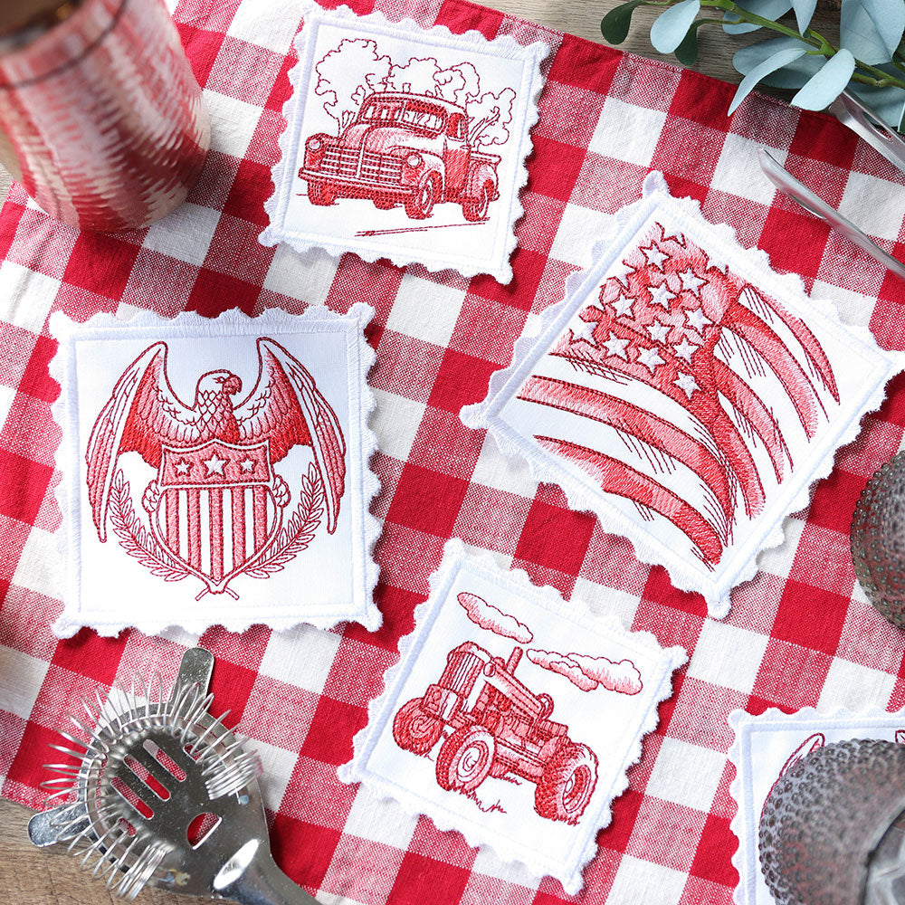 Lace Edge Americana Stamp Coaster - Tractor (In-the-Hoop)