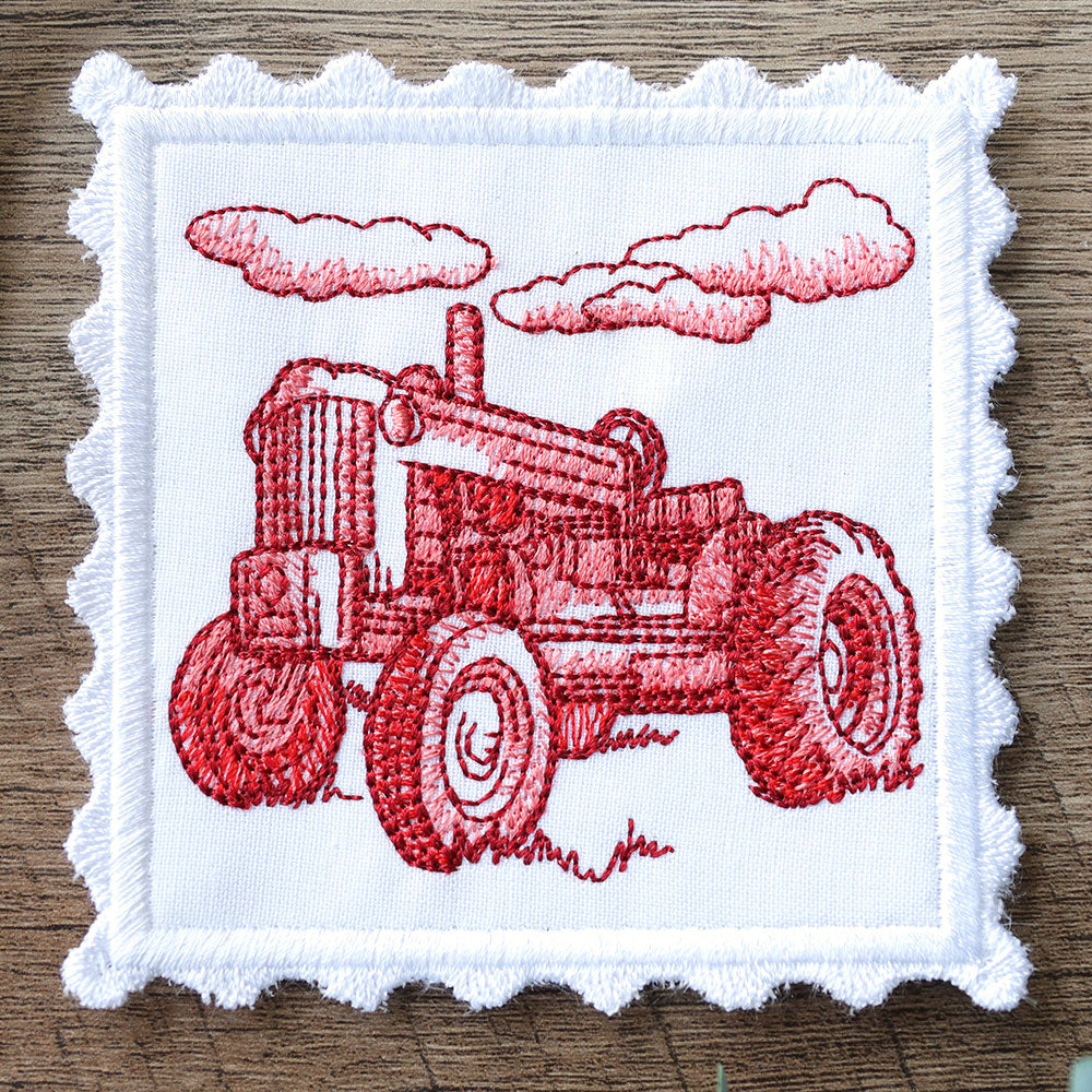Lace Edge Americana Stamp Coaster - Tractor (In-the-Hoop)