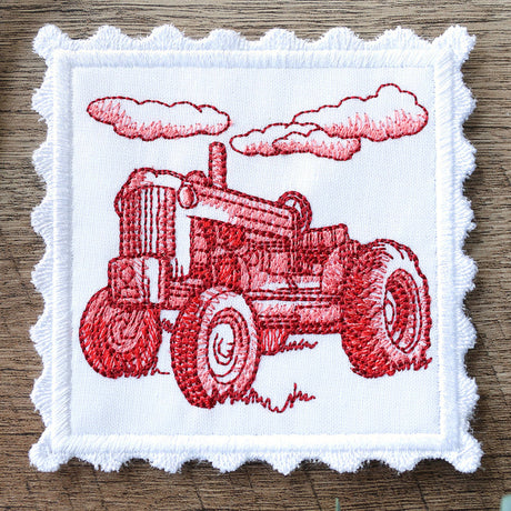 Lace Edge Americana Stamp Coaster - Tractor (In-the-Hoop)