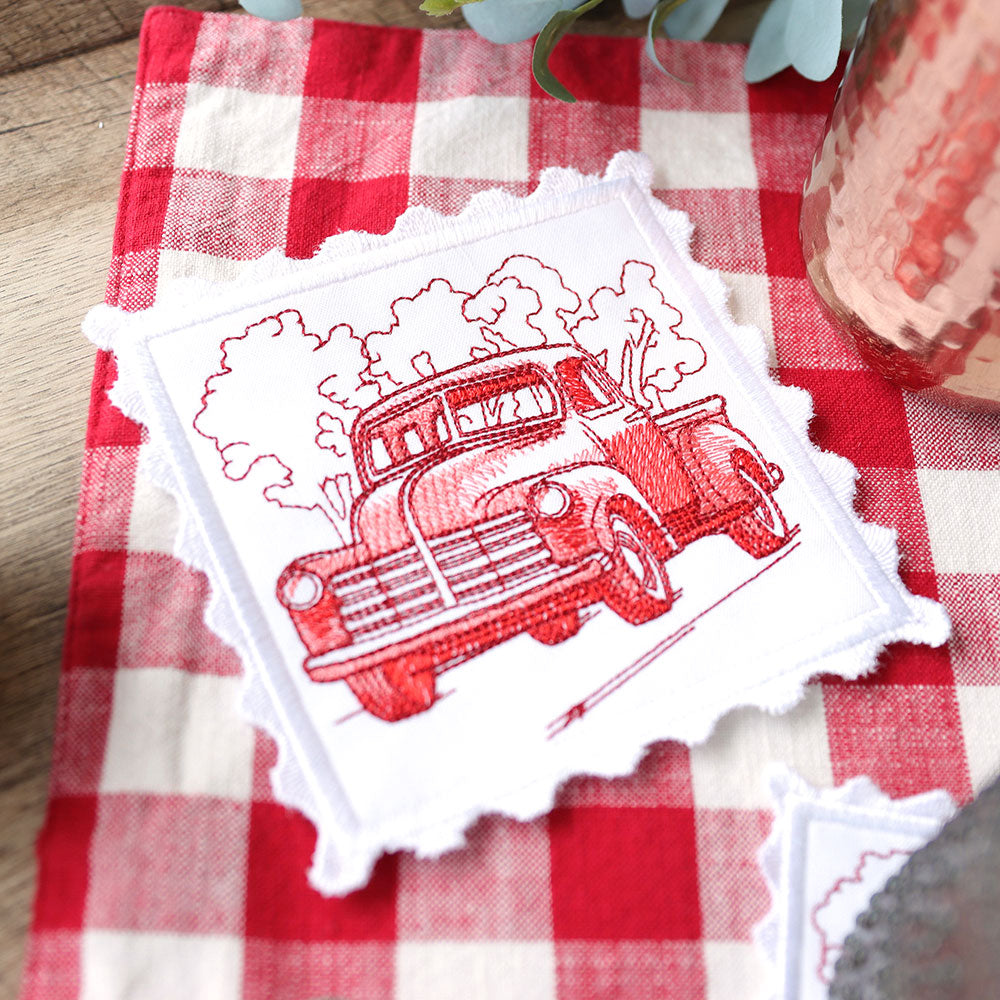 Lace Edge Americana Stamp Coaster - Truck (In-the-Hoop)