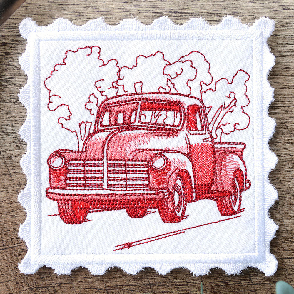 Lace Edge Americana Stamp Coaster - Truck (In-the-Hoop)