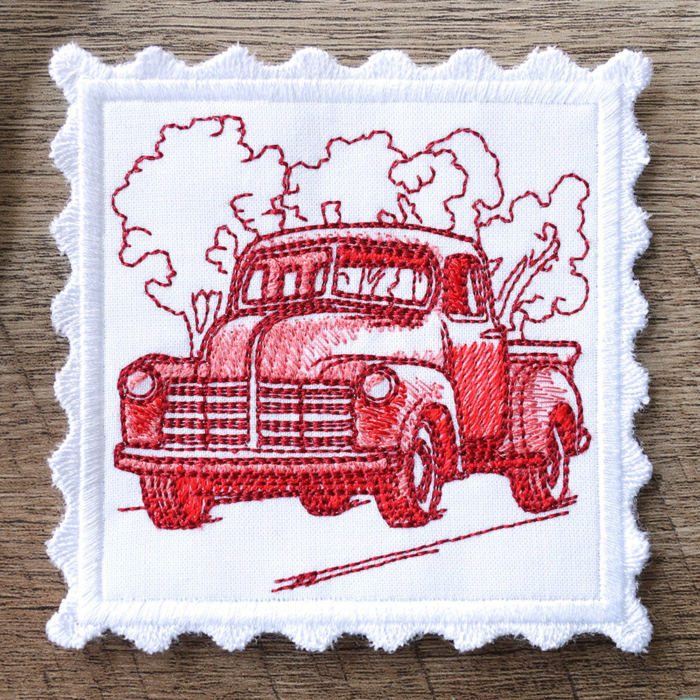 Lace Edge Americana Stamp Coaster - Truck (In-the-Hoop)