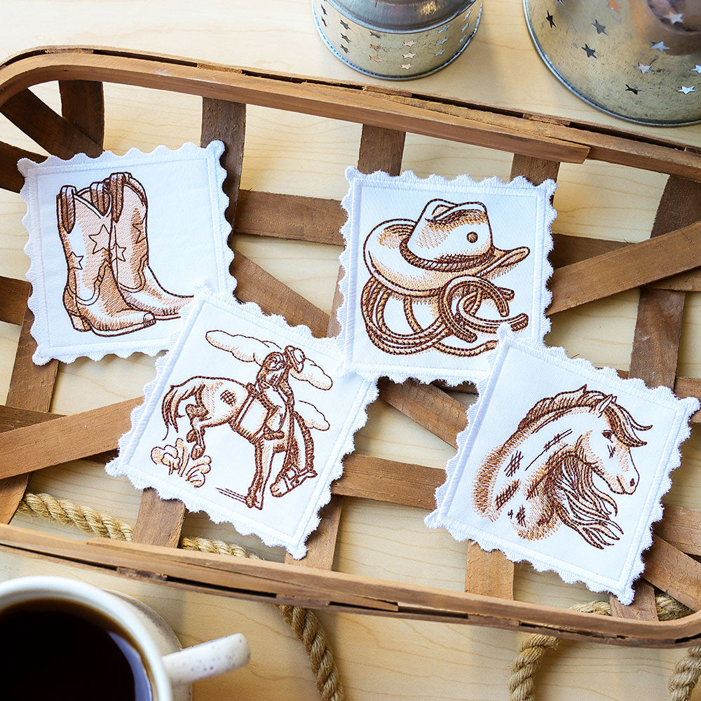 Western Stamp Coaster - Hat and Horseshoes (In-the-Hoop)