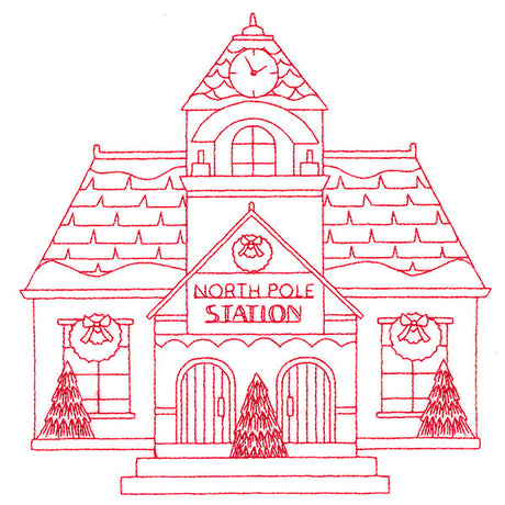 Christmas Village Scenes - Train Station (Redwork)