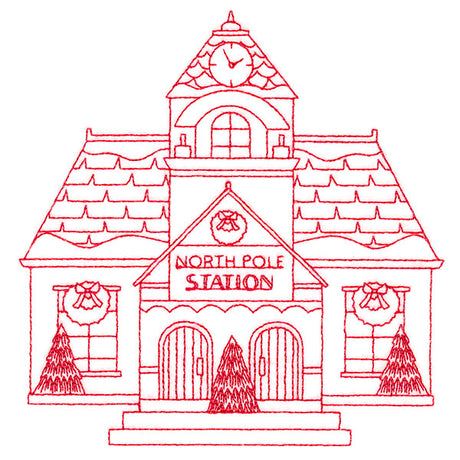 Christmas Village Scenes - Train Station (Redwork)