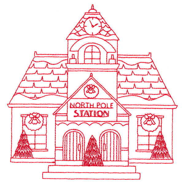 Christmas Village Scenes - Train Station (Redwork)