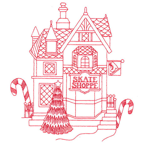 Christmas Village Scenes - Skate Shop (Redwork)