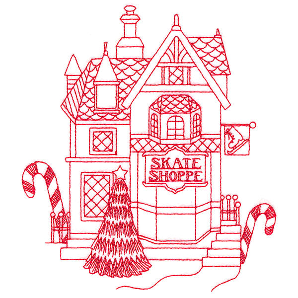 Christmas Village Scenes - Skate Shop (Redwork)