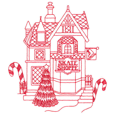 Christmas Village Scenes - Skate Shop (Redwork)