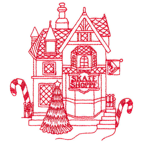Christmas Village Scenes - Skate Shop (Redwork)