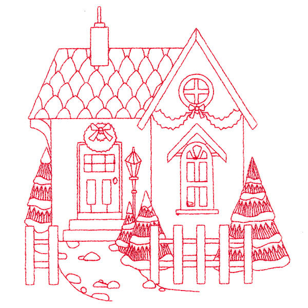 Christmas Village Scenes - Cozy Home (Redwork)
