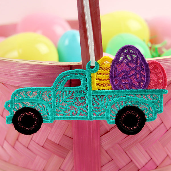 Happy Easter Eggs Retro Truck Ornament (Lace)