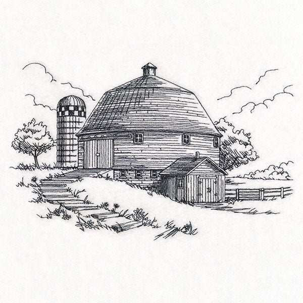 Idyllic Round Barn Etching
