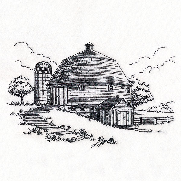 Idyllic Round Barn Etching