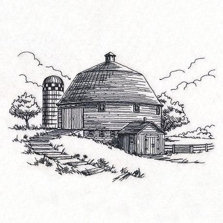 Idyllic Round Barn Etching