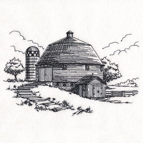 Idyllic Round Barn Etching