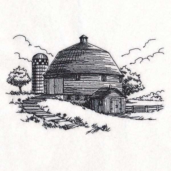 Idyllic Round Barn Etching