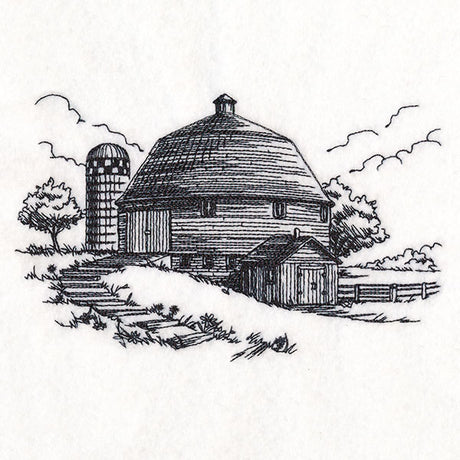 Idyllic Round Barn Etching