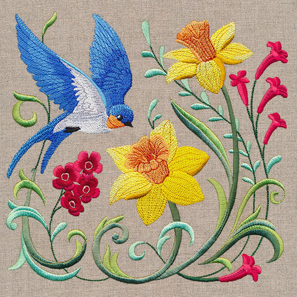 Garden Bluebird in Daffodils and Blooms