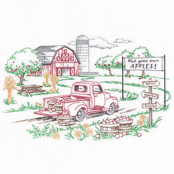 Happy Autumn Apple Picking Scene Etching