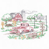 Happy Autumn Apple Picking Scene Etching