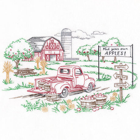 Happy Autumn Apple Picking Scene Etching