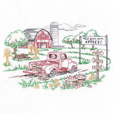 Happy Autumn Apple Picking Scene Etching