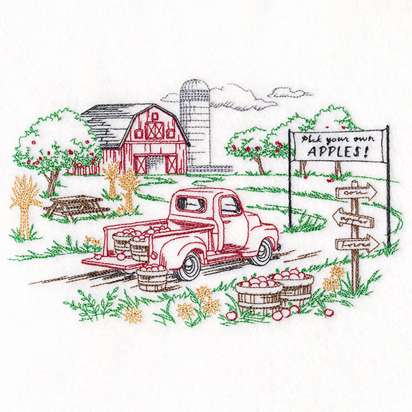 Happy Autumn Apple Picking Scene Etching