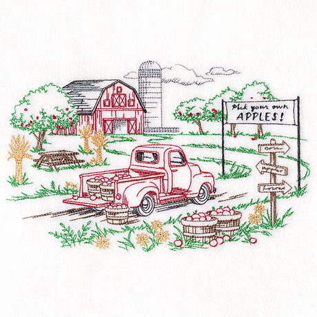 Happy Autumn Apple Picking Scene Etching