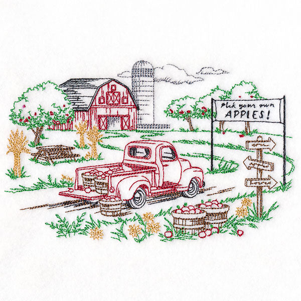 Happy Autumn Apple Picking Scene Etching