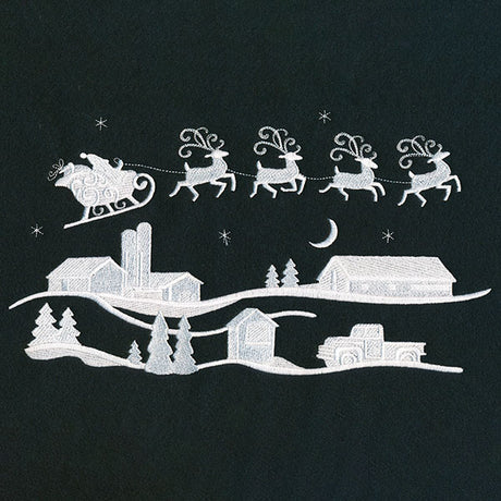 Santa's Flight Over a Snowy Village Scene (Whitework)