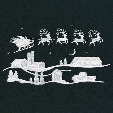 Santa's Flight Over a Snowy Village Scene (Whitework)