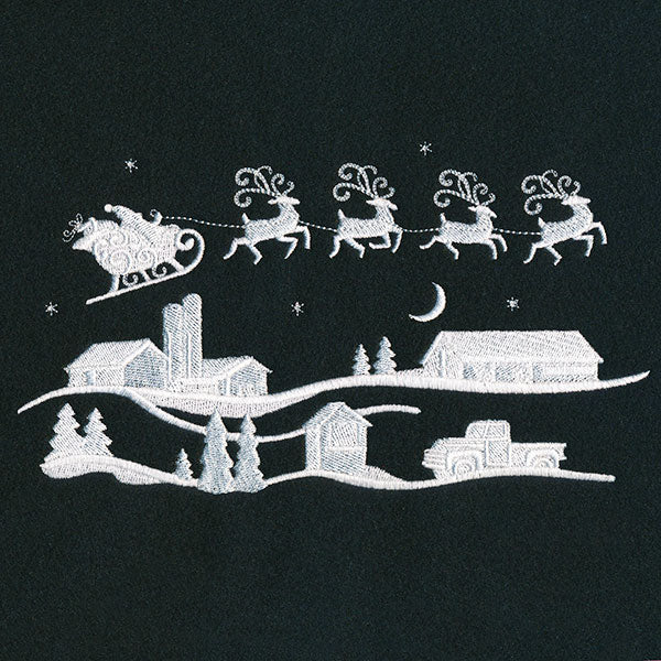 Santa's Flight Over a Snowy Village Scene (Whitework)