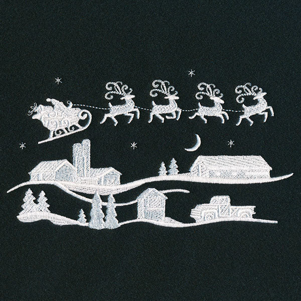Santa's Flight Over a Snowy Village Scene (Whitework)
