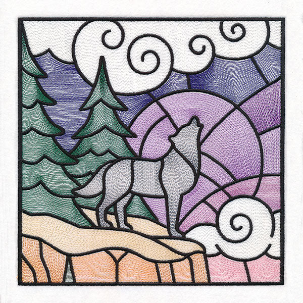 Woodland Escape Stained Glass Scene - Howling Wolf