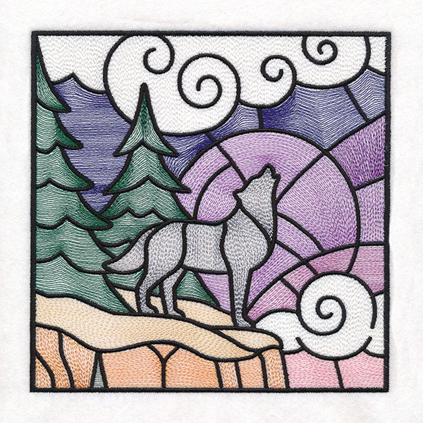 Woodland Escape Stained Glass Scene - Howling Wolf