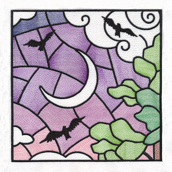 Woodland Escape Stained Glass Scene - Birds & Crescent Moon