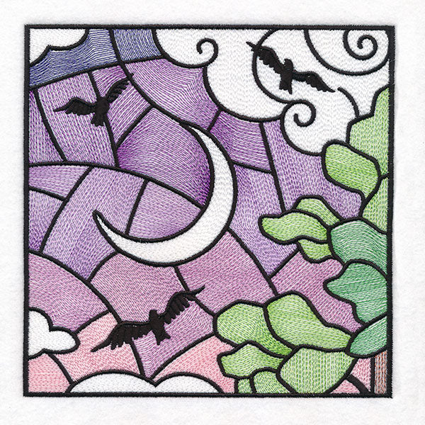 Woodland Escape Stained Glass Scene - Birds & Crescent Moon