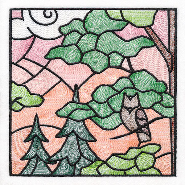 Woodland Escape Stained Glass Scene - Owl