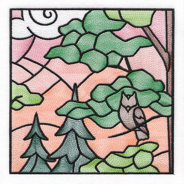 Woodland Escape Stained Glass Scene - Owl