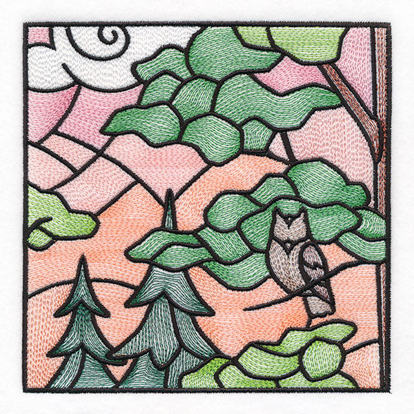Woodland Escape Stained Glass Scene - Owl