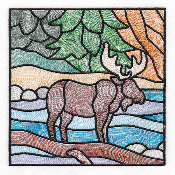 Woodland Escape Stained Glass Scene - Moose