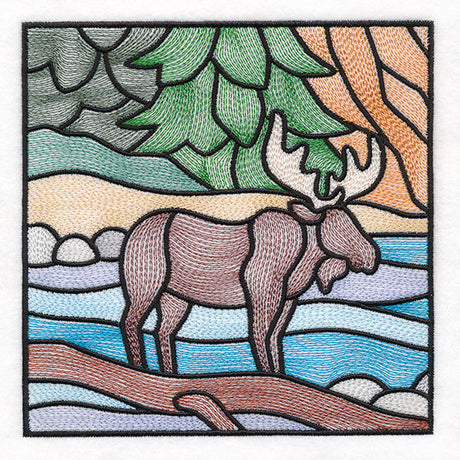 Woodland Escape Stained Glass Scene - Moose