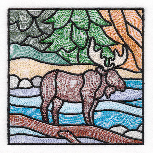 Woodland Escape Stained Glass Scene - Moose
