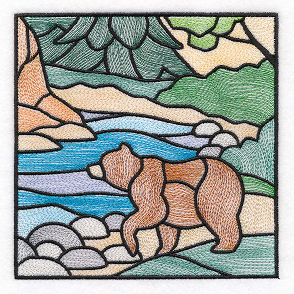Woodland Escape Stained Glass Scene - Bear
