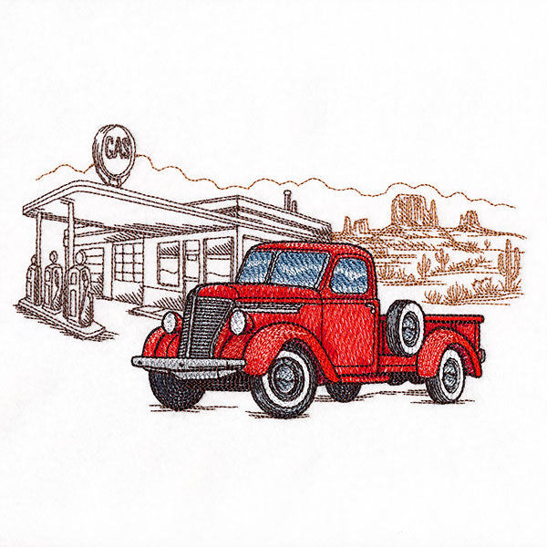 Through the Desert Retro Truck Gas Station Scene