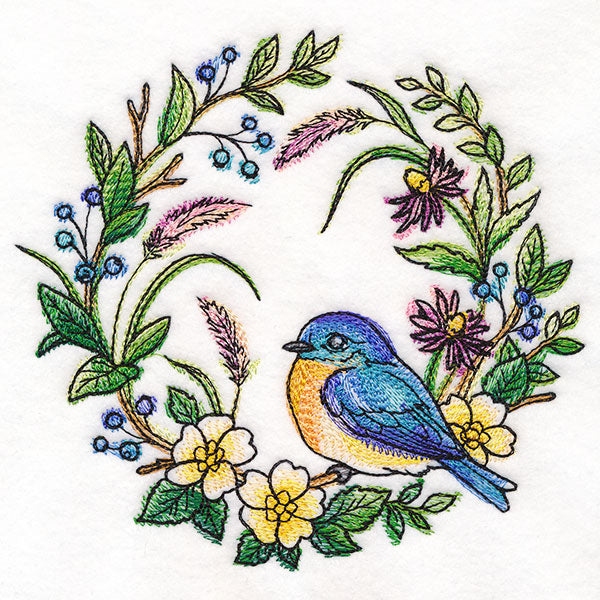 Bluebird in Flowers Wreath