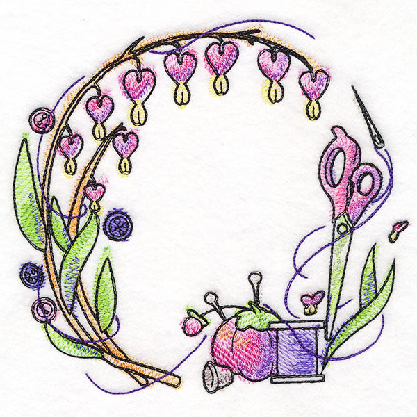 Sewing Notions and Bleeding Heart Flowers Wreath